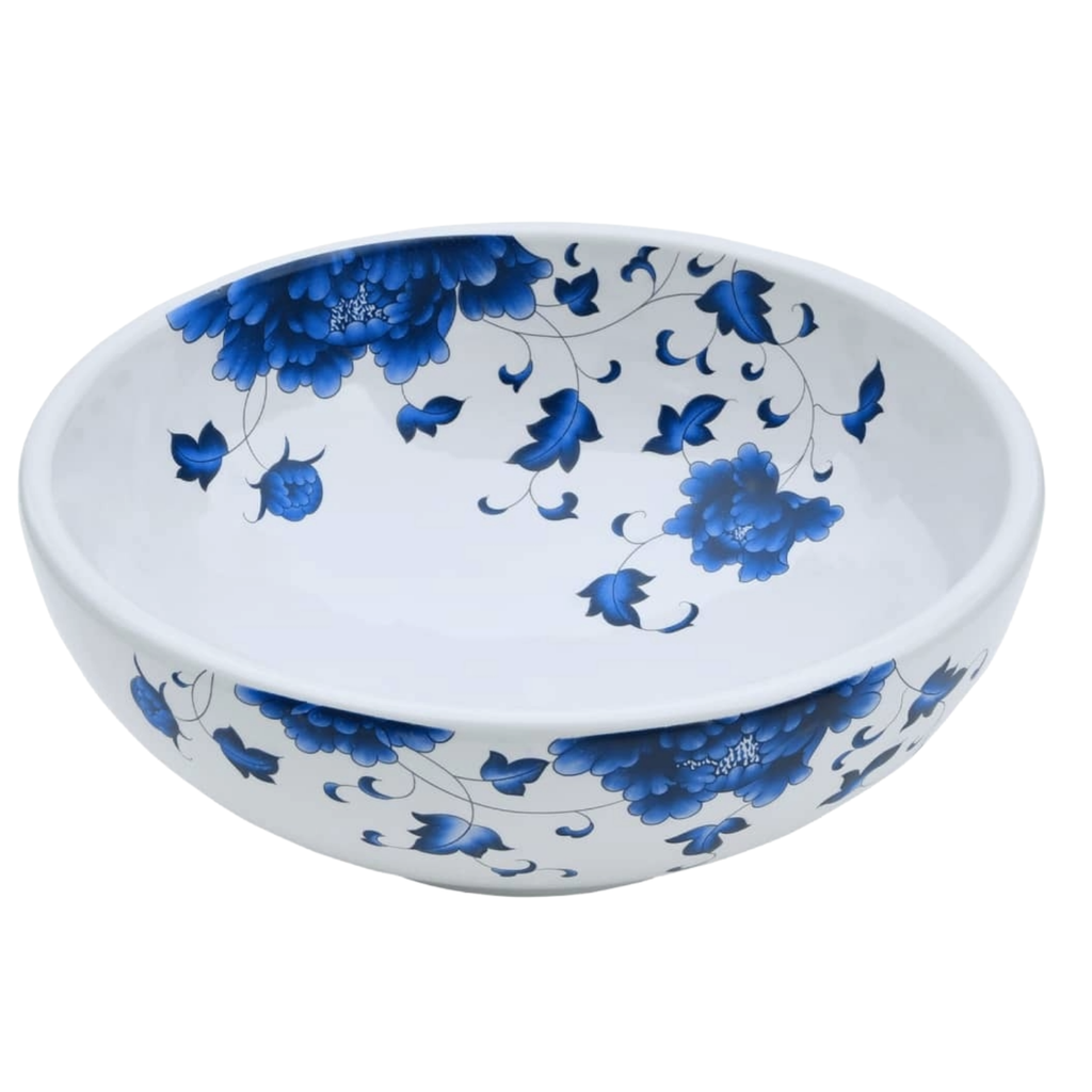 Vasque à poser blanc et bleu rond en céramique