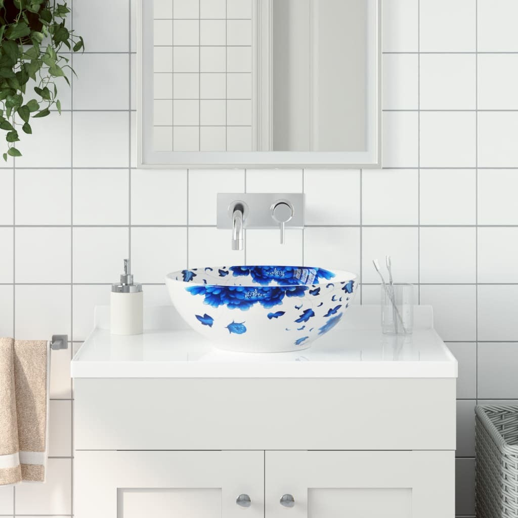 Vasque à poser blanc et bleu rond en céramique