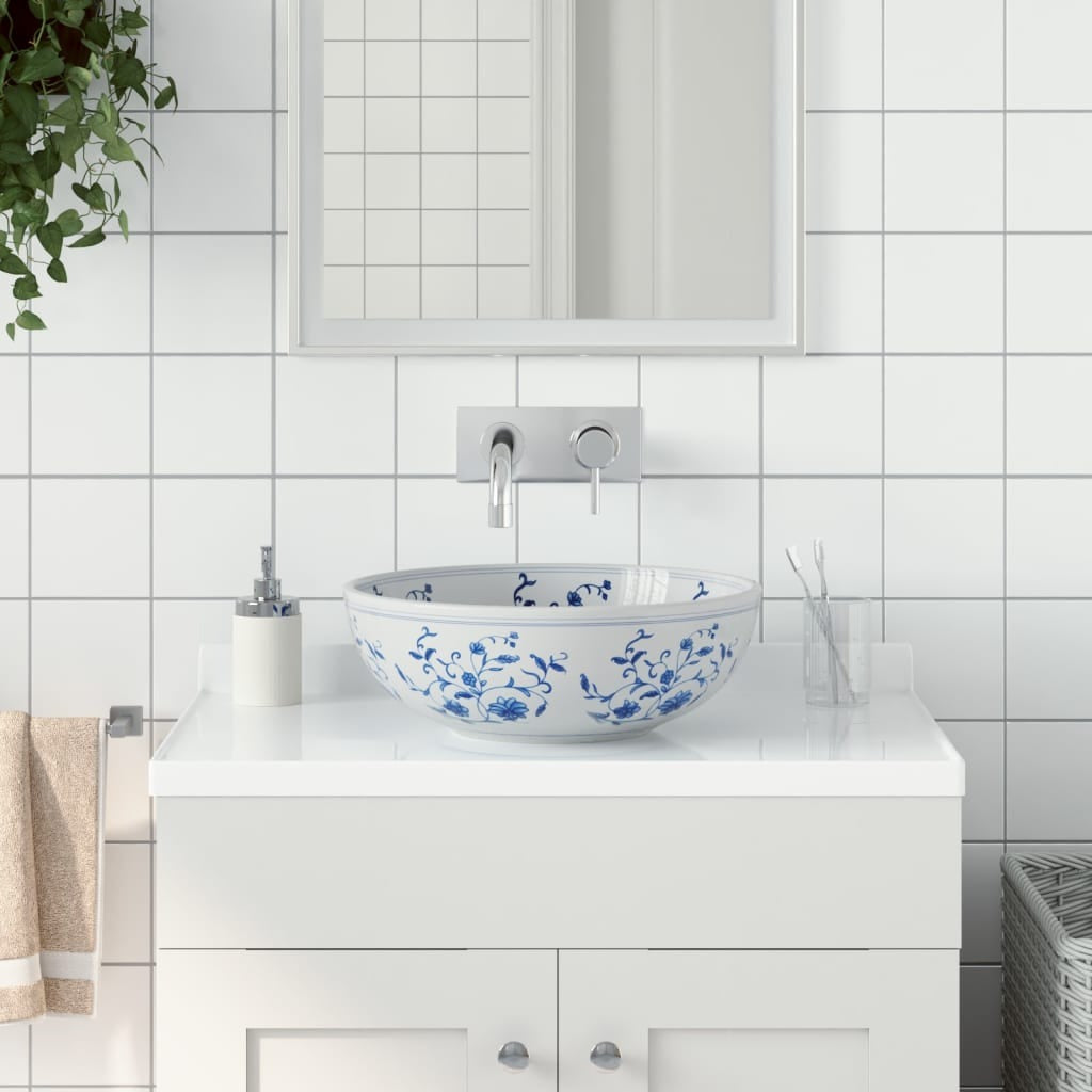 Vasque à poser blanc et bleu rond en céramique