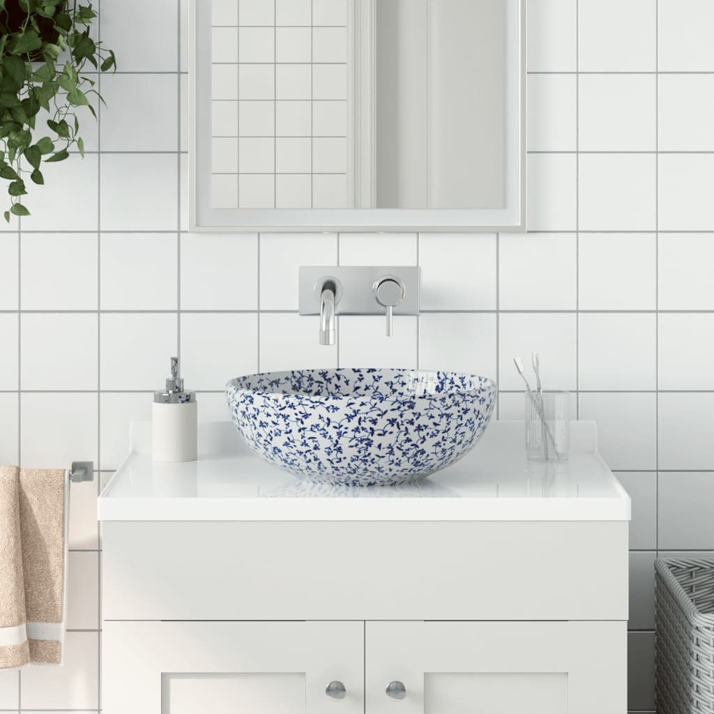 Vasque à poser blanc et bleu rond en céramique