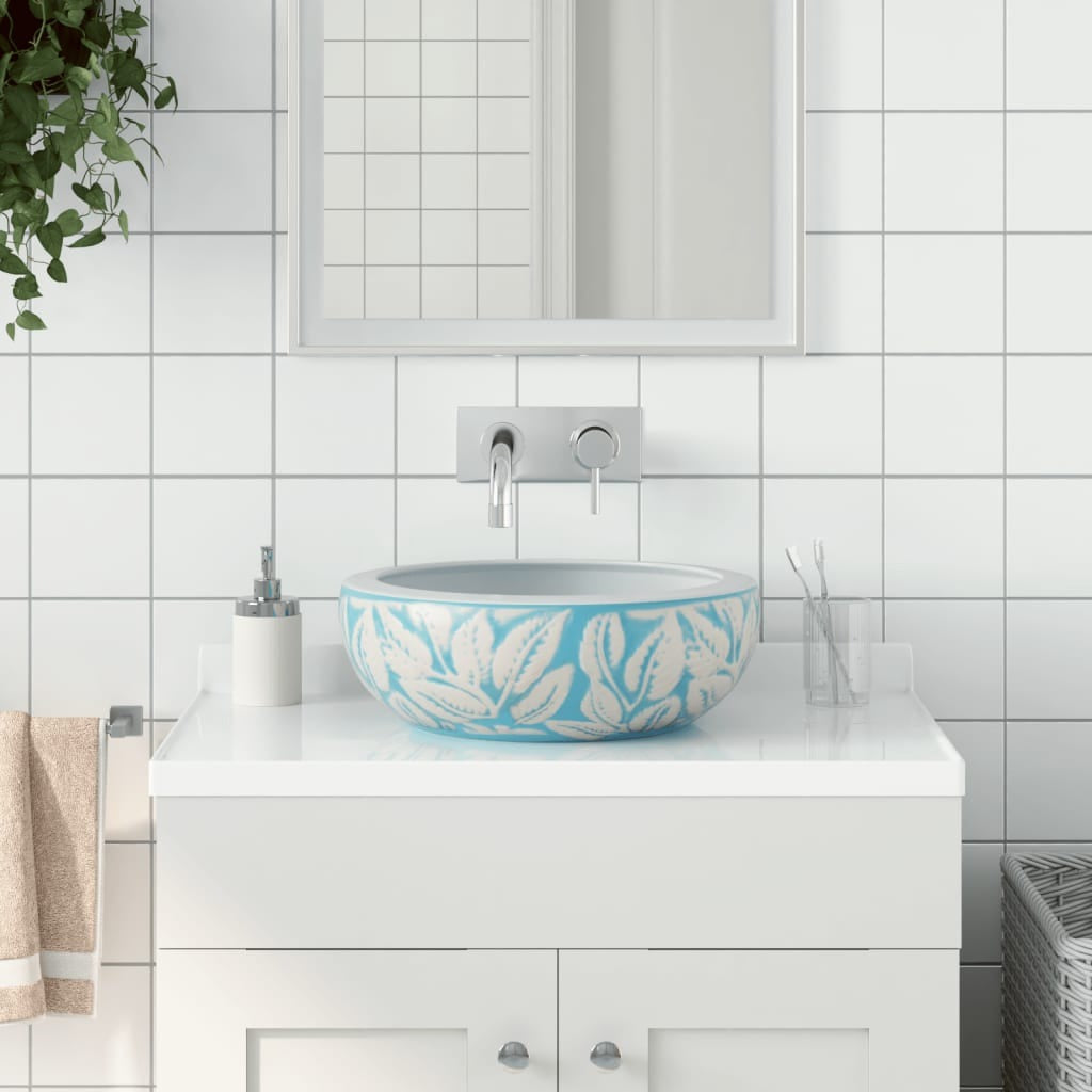 Vasque à poser blanc et bleu rond en céramique