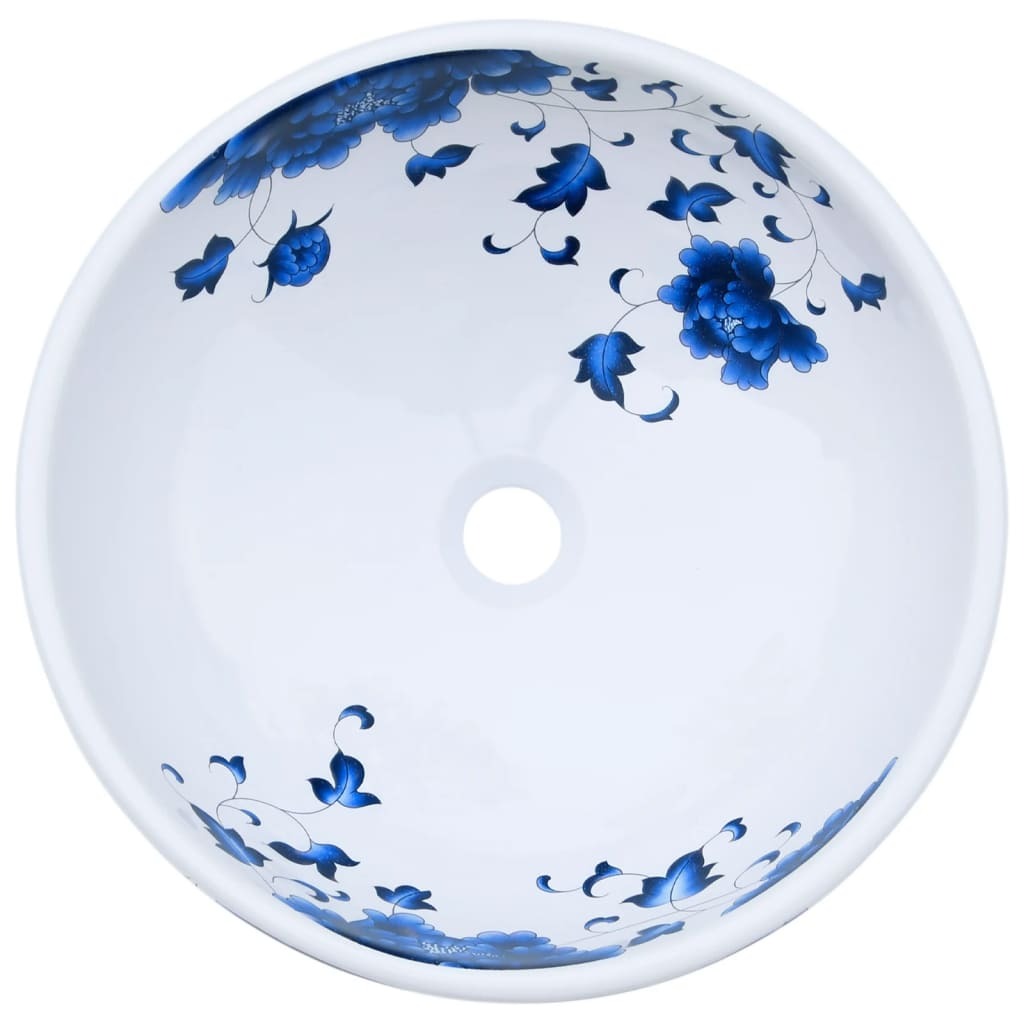 Vasque à poser blanc et bleu rond en céramique