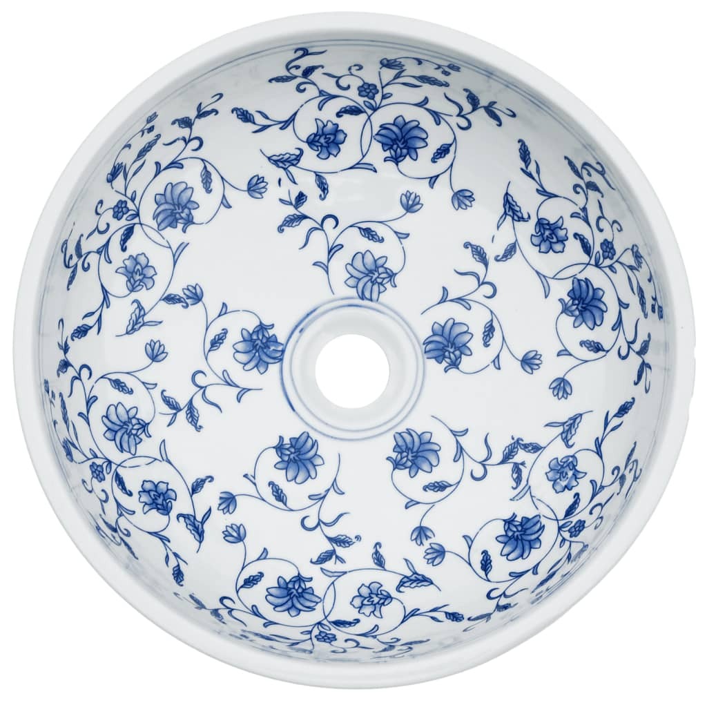 Vasque à poser blanc et bleu rond en céramique