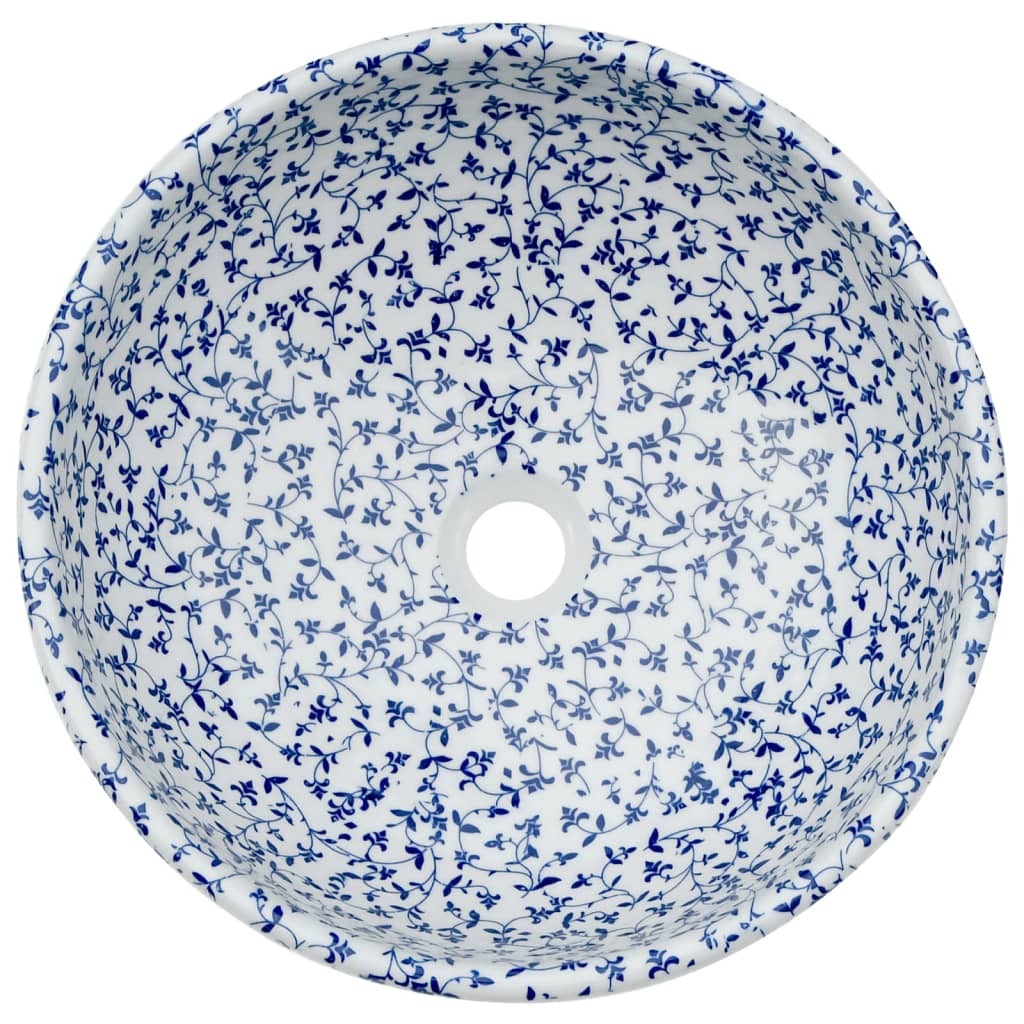 Vasque à poser blanc et bleu rond en céramique