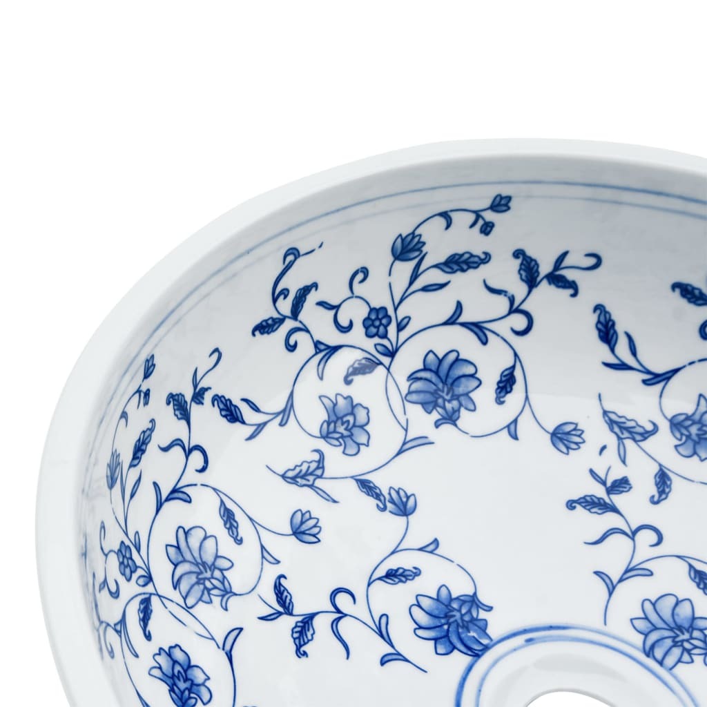 Vasque à poser blanc et bleu rond en céramique
