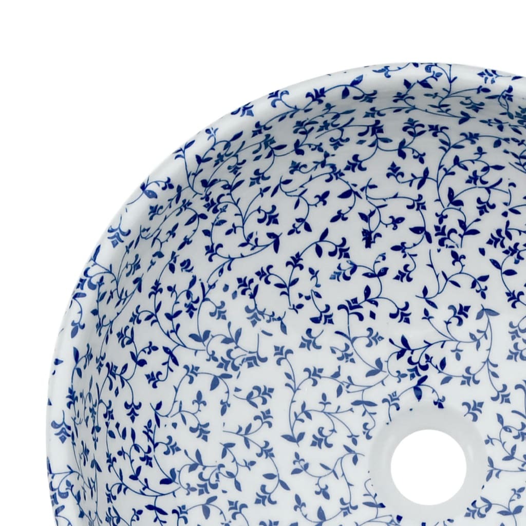 Vasque à poser blanc et bleu rond en céramique